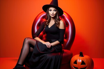 Woman in witch costume on red with pumpkin. Halloween. Festive costume. The young girl was preparing for the holiday.