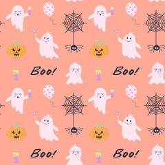 Cute pink halloween ghost seamless pattern. Ghosts, pumpkin, spider on web, boo, balloon and candle on pastel background.