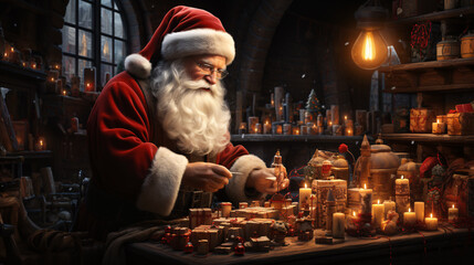 Santa's Workshop: Santa Claus busy in his workshop filled with toys, surrounded by colorful presents waiting to be delivered on Christmas Eve. - obrazy, fototapety, plakaty
