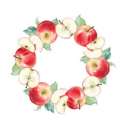Watercolor fruit wreath illustration. Round frame made of red apples and leaves