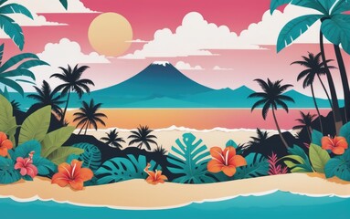 Fototapeta na wymiar Illustration of a tropical beach paradise island