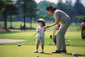 Asian Chinese child practicing golf at Driving Range guided by instructor
