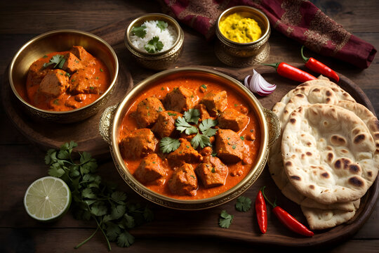 Spicy chicken tikka masala in brass bowl With smoking, around rice, indian naan butter bread, spices, herbs on tray wooden background. 