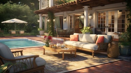 an outside patio with cozy furniture and a pool - obrazy, fototapety, plakaty