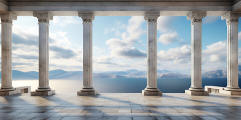 White classic interior with antique columns. Mountains in the background images,,,,,,,
Antique Columns and Mountain Landscape