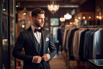 Businessman trying on suit in famous elegant dress shop - obrazy, fototapety, plakaty