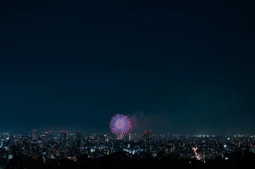Fotobehang 旭山記念公園から望む打ち上げ花火と札幌の夜景 © 美穂 江利山