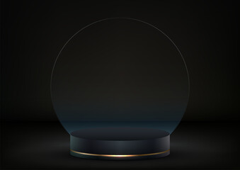 Black and Gold Podium with Circle Glass Backdrop Mockup