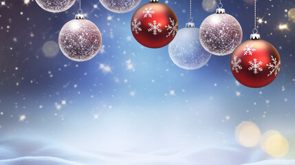 Fototapeta na wymiar Sparkling Christmas ornaments Christmas balls on a snowy background. Copy space.