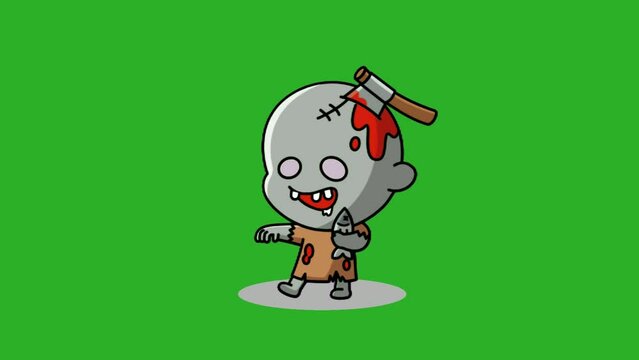 Animation of a zombie being hit by an axe. with a green screen background.