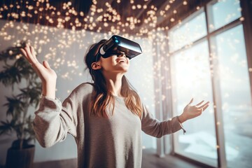 Young Woman Using Virtual Reality Headset In Apartment, Futuristic Metaverse