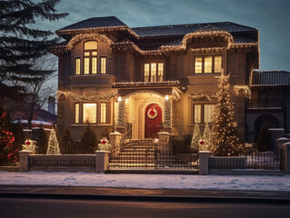 Beautiful traditional christmas big house, decorated garlands and lights on a winter night