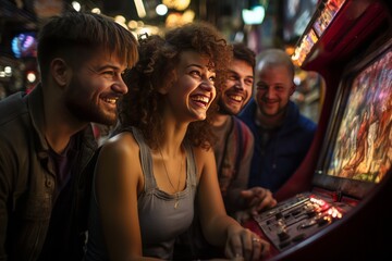 Group of friends gathered around an old-school arcade game, competing for high scores, Generative AI