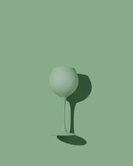 Pastel green colored wine glass, shadow, monochrome photo. Minimal style aesthetic flat lay card, party concept. Top view wine glass on green background. Creative photo, trend color cocktail drink