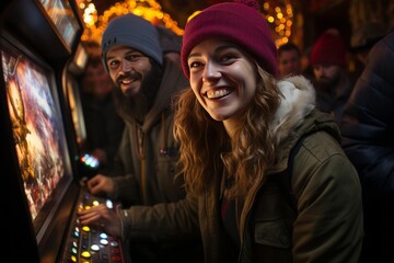 Group of friends gathered around an old-school arcade game, competing for high scores, Generative AI