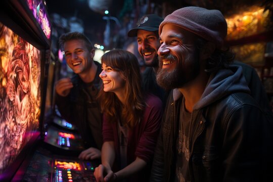 Group of friends gathered around an old-school arcade game, competing for high scores, Generative AI - Powered by Adobe