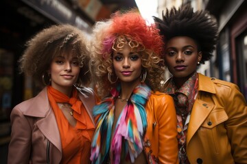 Group of friends with big hair and vibrant attire, striking a pose in front of an 80's-inspired...