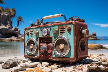 Vintage boombox playing classic 80's tunes on a sun-soaked beach, Generative AI