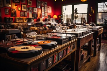 Vintage record store with rows of vinyl records and cassette tapes, Generative AI