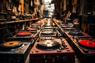 Vintage record store with rows of vinyl records and cassette tapes, Generative AI