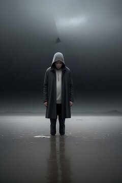 A Lone Figure with a Skull for a Head Standing in a Desolate Desert During a Torrential Rainstorm, Symbolizing Profound Depression and Isolation