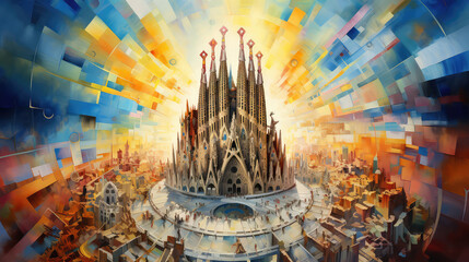 oil painting on canvas, Basilica of the Sagrada Familia in Barcelona, ​​Spain. (ai generated)