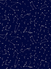 Seamless space pattern. Night starry sky with stars, constellations. navy and white background (monochrome) abstract background. Universe. Outer space. Hand-drawn vector illustration.