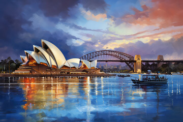 oil painting on canvas, Pinkish colourful sunrise over Sydney city CBD on waterfront of Harbour around Circular quay with major architectural landmarks and symbols of Australia. (ai generated)
