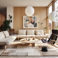 
a 60s living room is featured with oat wood panels
