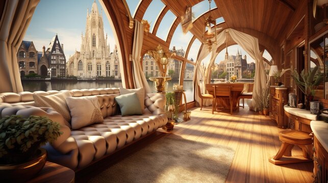 the interior of the yacht at the buildings beside
