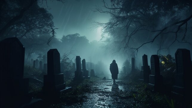 scary graveyard in fog