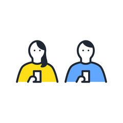 スマホを操作する若い男女のシンプルなベクターアイコンイラストセット素材