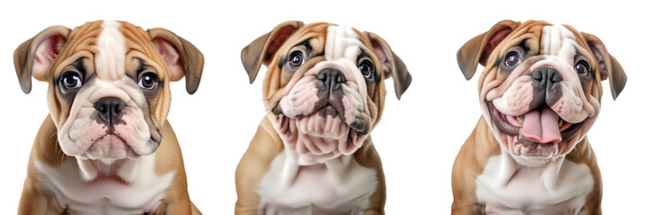 Collection of bulldog portrait isolated on white background