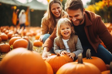 Family picking pumpkins on an autumn sunny day, big beautiful pumpkin, go pick pumpkins, pumpkin patch. Halloween concept.