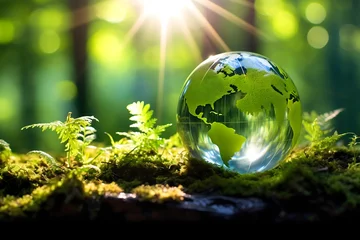 Foto op Plexiglas renewable energy light bulb with green energy, Earth Day or environment protection Hands protect forests that grow on the ground and help save the world, solar panels  © fadi