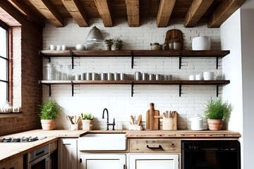 Rustic kitchen interior with white brick wall. Modern room design with wooden furniture, cozy home with vintage decoration. Tabletop with food, shelves with ceramic kitchenware.
