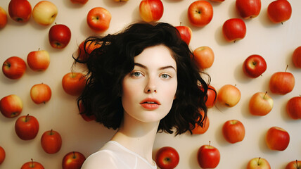 Beautiful young model with red apples