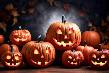 Halloween Jack-o-Lantern Pumpkins on old wooden background