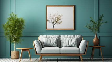 Farmhouse Living Room with Blank Poster Frame
