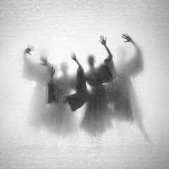 Abstract composition of dancing girls. Theater of shadows through the light with a vintage texture.