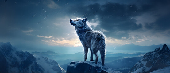 a gray wolf standing on top of a rock - Powered by Adobe