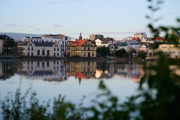 Calm lake of city in twilight