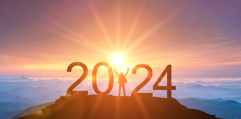 2024. New Year 2024, New Start motivation inspirational quote message on silhouette of winner man...