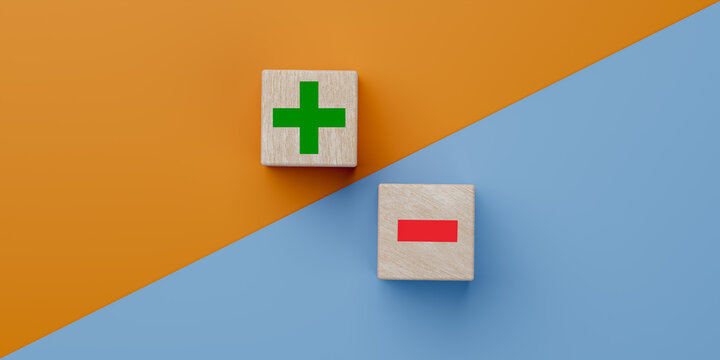 Green plus and red minus on wooden cubes. Concept of positive or negative decision. pros and cons concept. opposites concept. analysis of good and bad. pro and con.