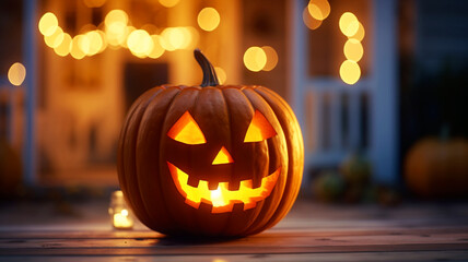 Halloween pumpkin lantern decorating a home entrance - obrazy, fototapety, plakaty