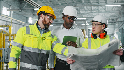 Three engineers employees workers slowly calmly moving indoors inside workplace warehouse. Everyone wearing glasses special useful hard hat helmet protection uniform.
