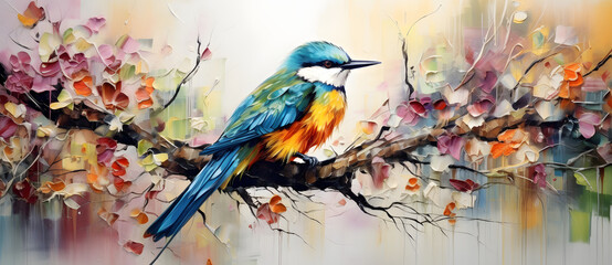 an oil painting on canvas depicting a colorful bird in tree branches