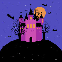 Spooky Halloween background with a scary haunted castle and trees on a hill at night. Vector illustration
