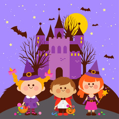 Children with Halloween costumes visiting a spooky haunted castle on a hill at night. Vector illustration