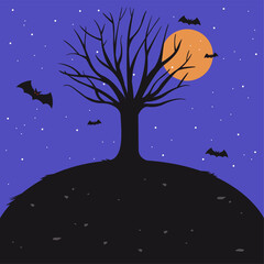 Spooky Halloween background with a scary tree and bats on a hill at night. Vector illustration